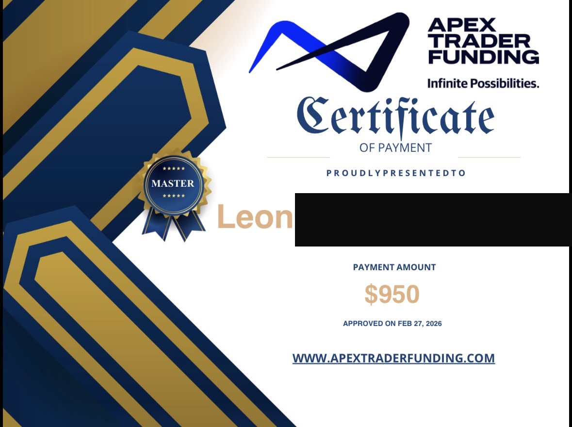 Apex Trader Funding Certificate of Payment 950 USD