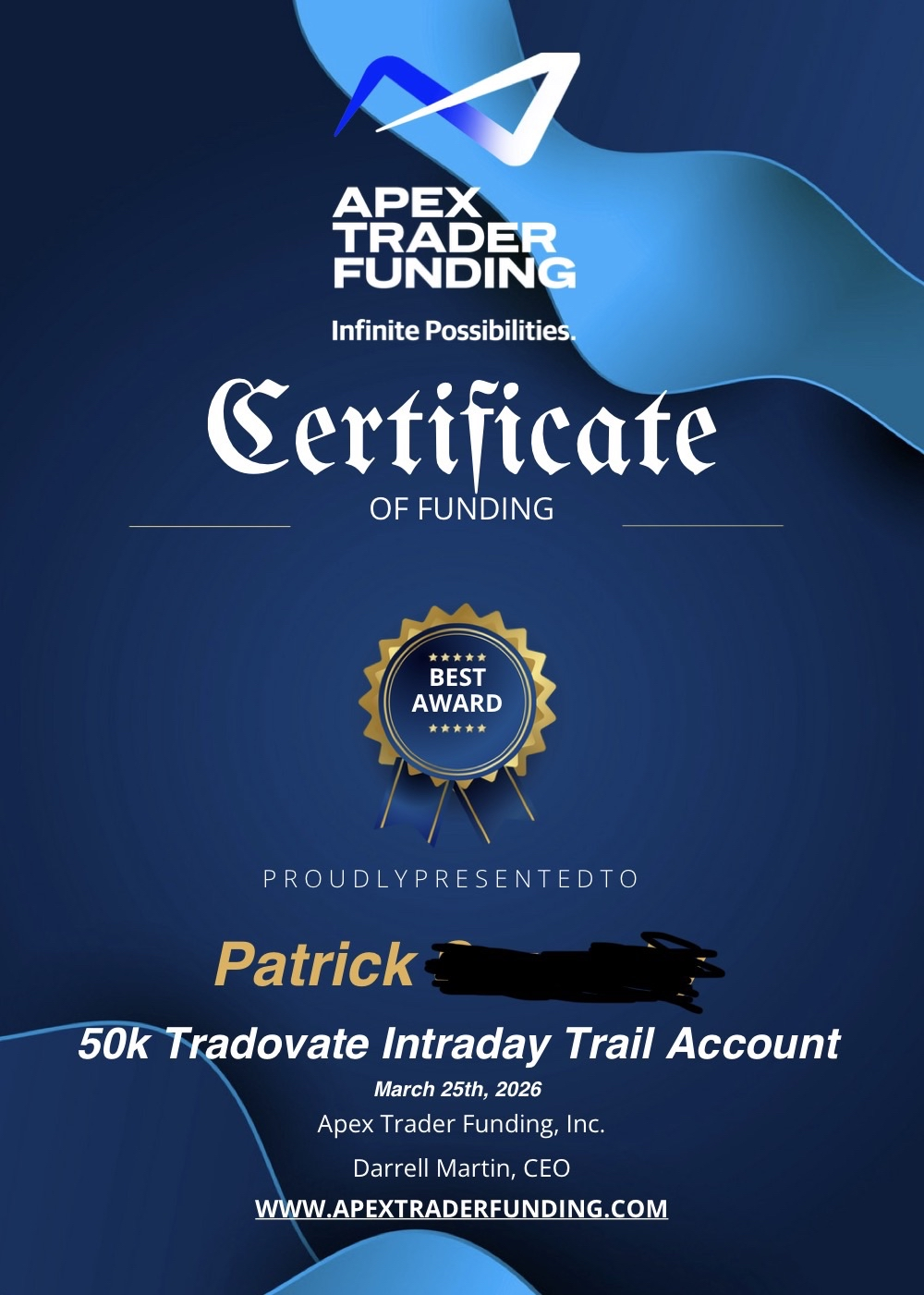 Apex Trader Funding Certificate of Funding 50k Tradovate